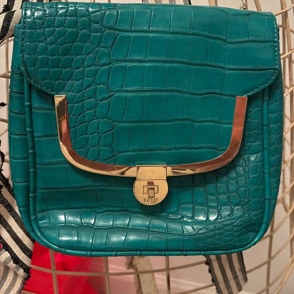 Lulu Guinness Shoulder Saddle Bag Medium Emerald Green Croc Embossed Esme